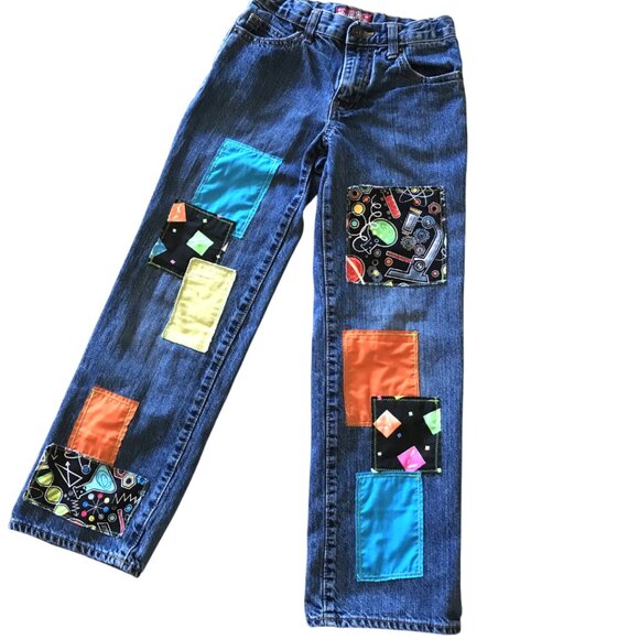 Boy’s Upcycled Patch Jeans, Size 10: Handmade Colorful Science Theme Patchwork - Picture 9 of 11